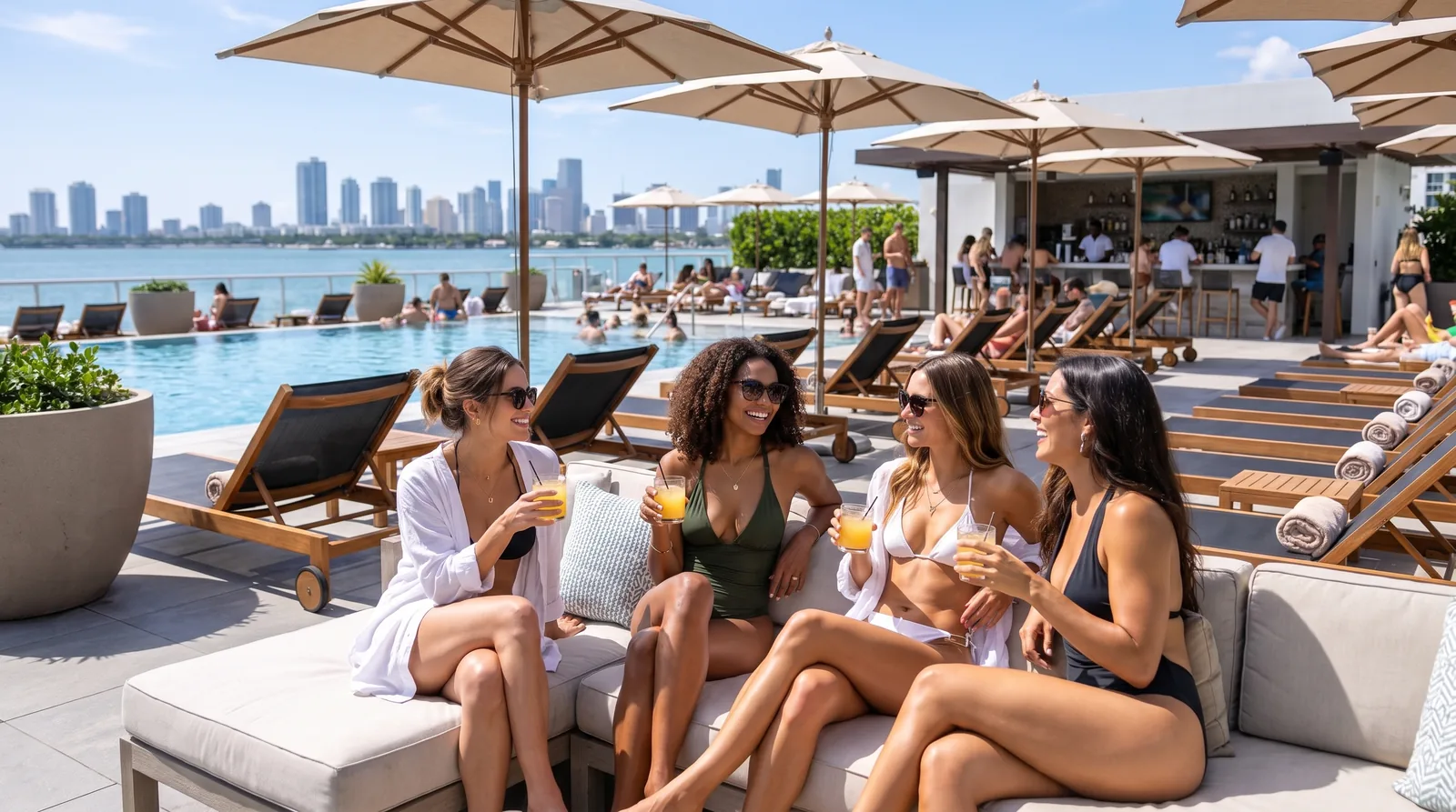 Four women drink cocktails and laugh on a sunny rooftop pool deck overlooking a city skyline
