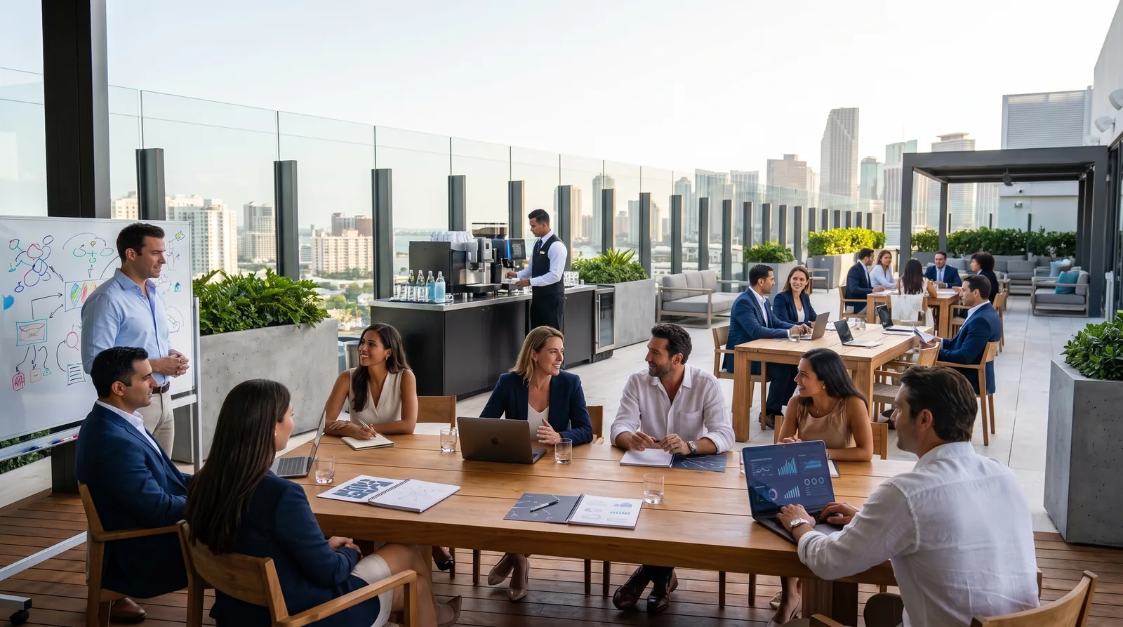 Colleagues hold a business meeting on a luxurious outdoor deck overlooking the ocean and city skyline