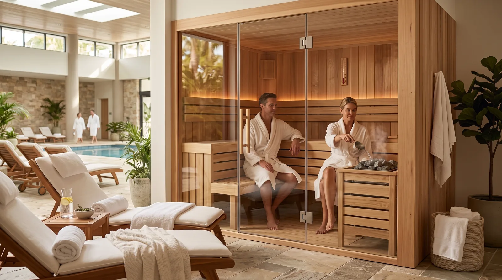 A couple in white robes relaxes inside a wooden sauna at a resort spa