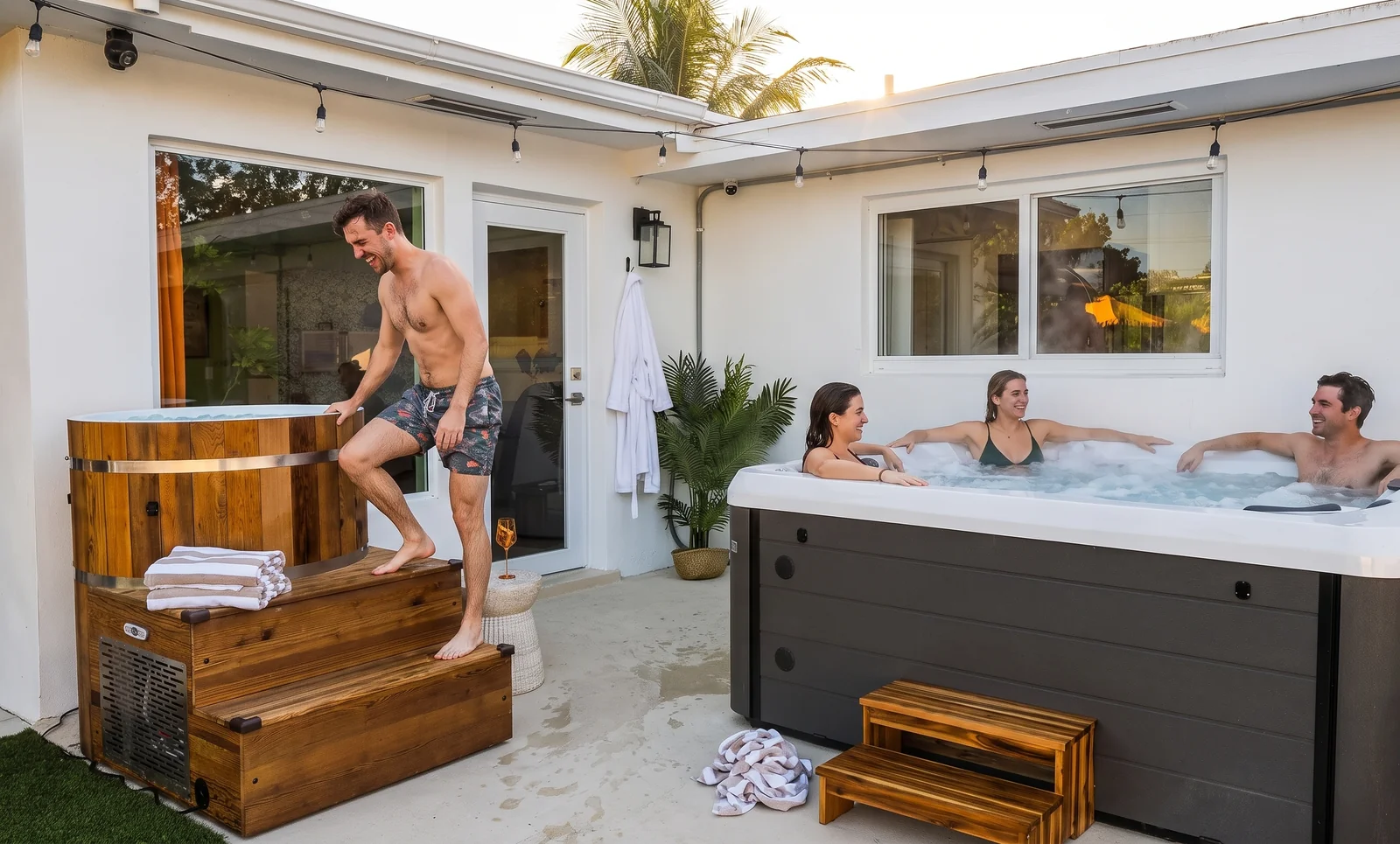 Friends in the hot tub while one steps up into the cedar cold plunge at the lynxresort West Palm Beach house