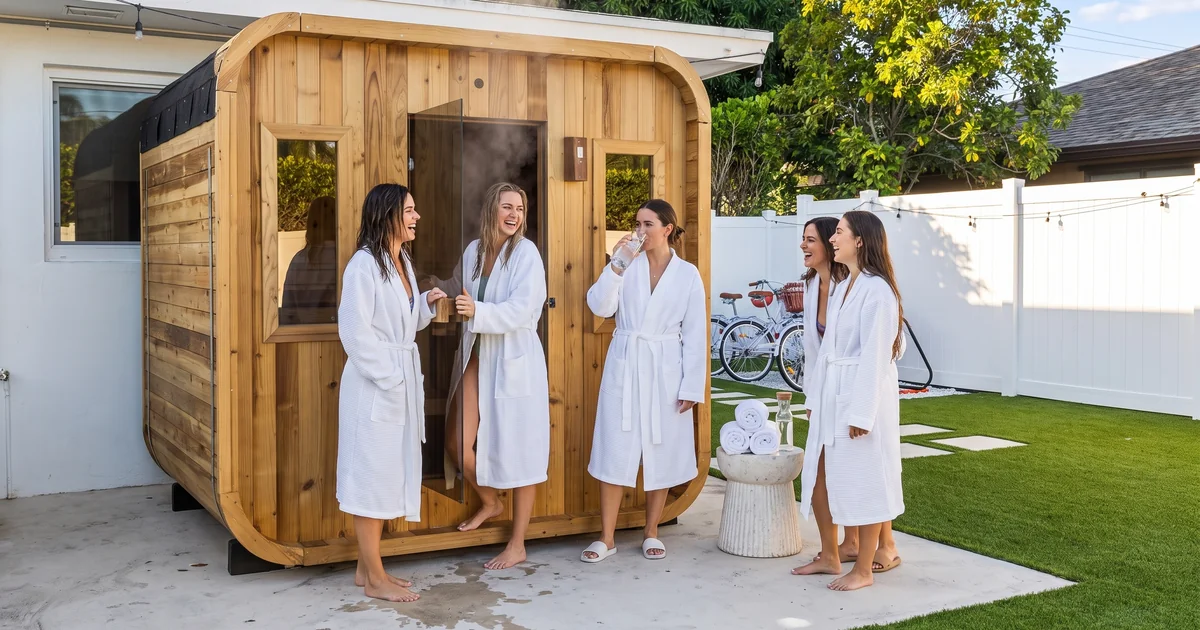Friends in white robes between rounds outside the cedar outdoor sauna at the lynxresort West Palm Beach house