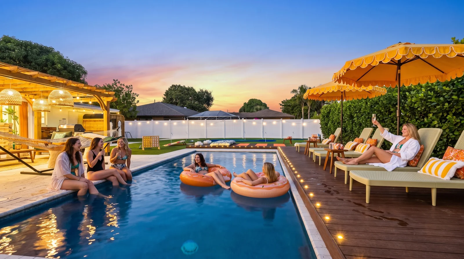 Friends on pool floats, the pool edge and a lounger at twilight by the saltwater pool at the lynxresort West Palm Beach house