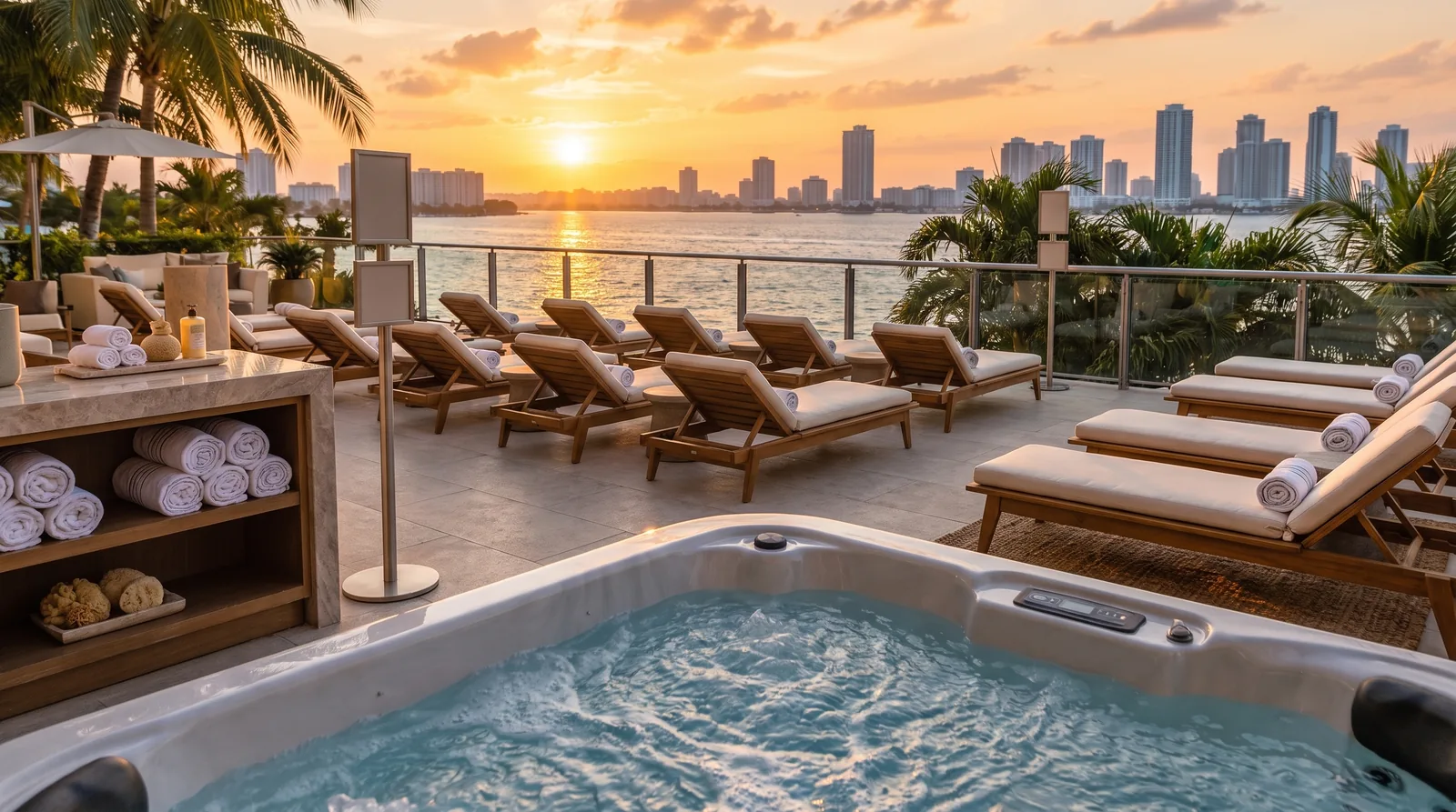 A bubbling hot tub and lounge chairs on a terrace overlook a coastal city skyline at sunset