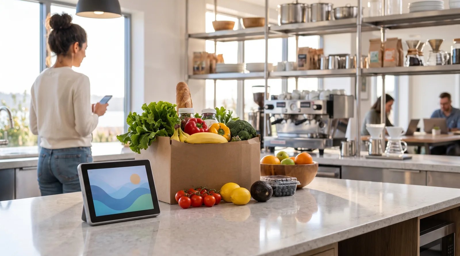 A woman uses her phone in a modern kitchen with groceries and a tablet on the counter