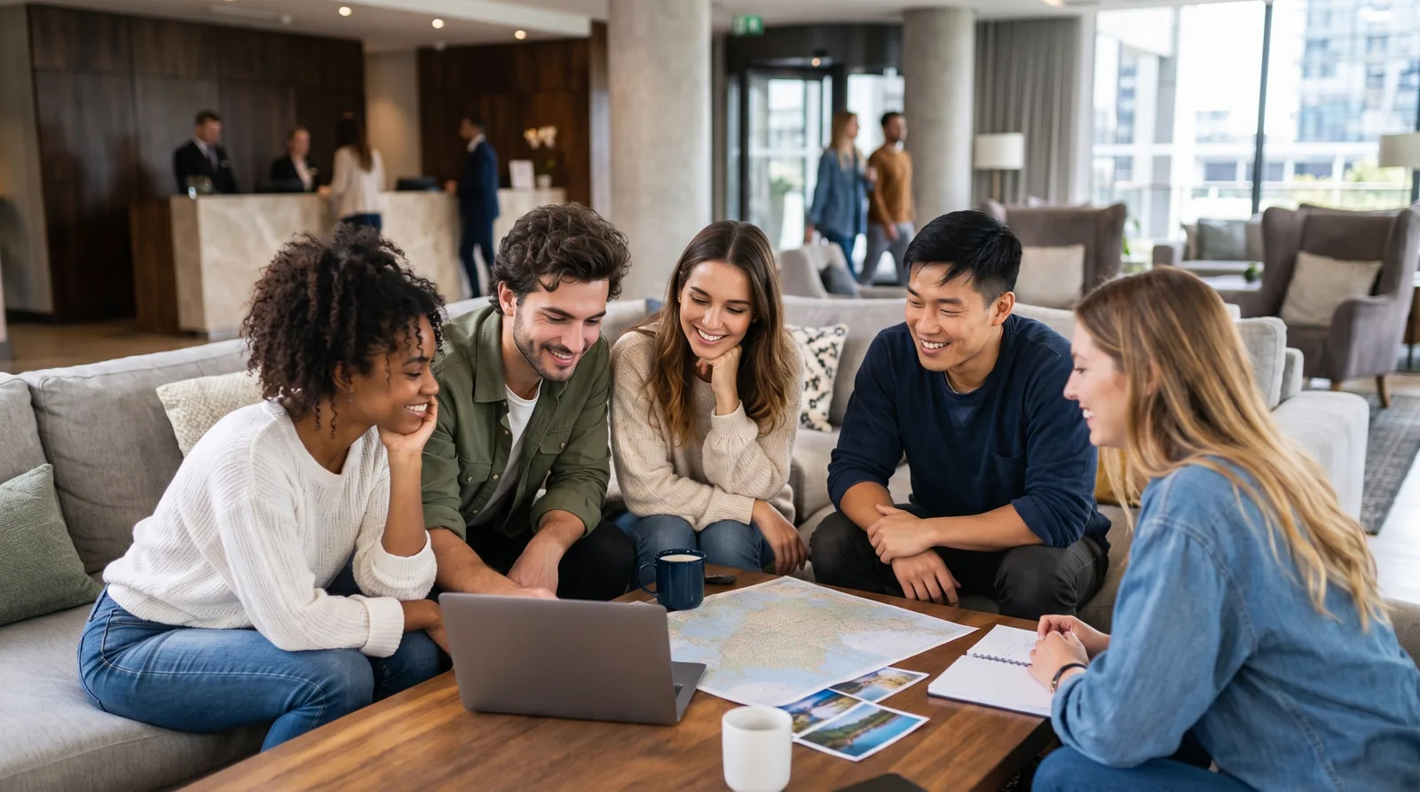 Five happy friends plan their upcoming vacation using a map and laptop in a spacious lobby