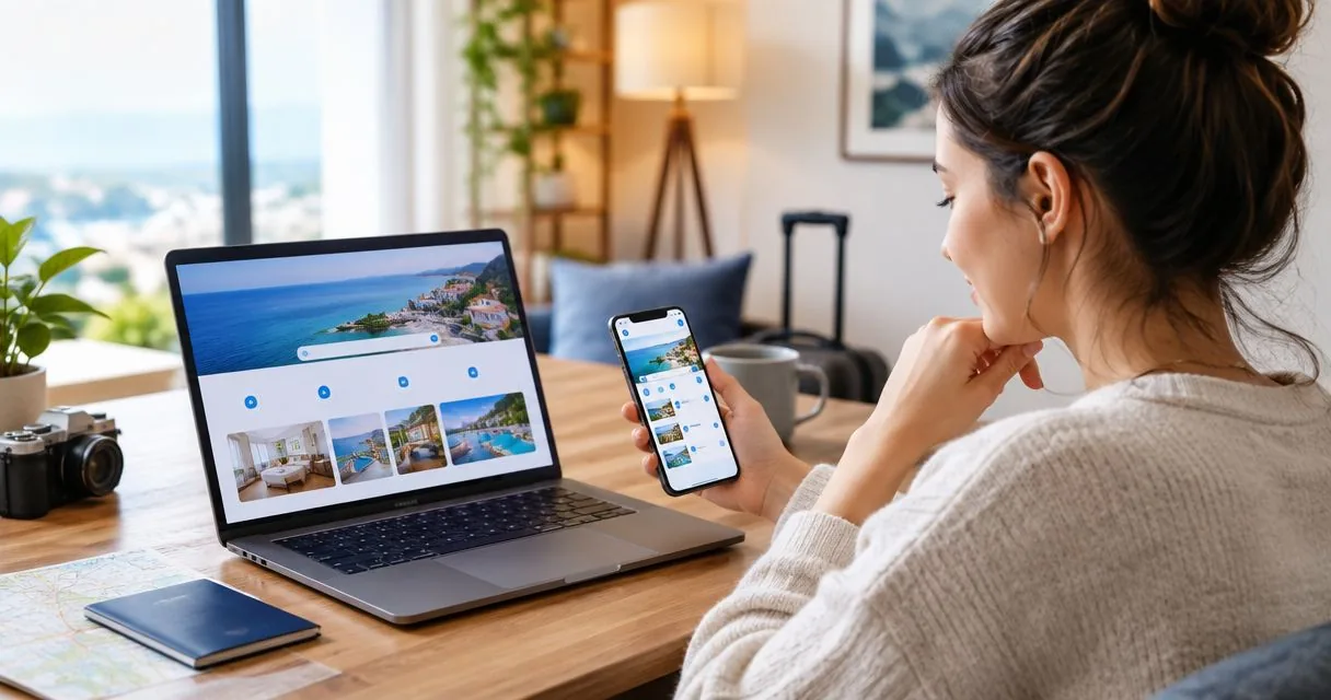 A woman sitting at a wooden table browses vacation rentals on her laptop and smartphone