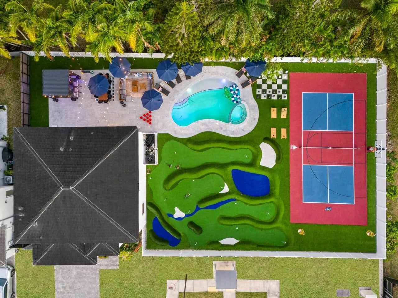 Top-down view of the house and yard