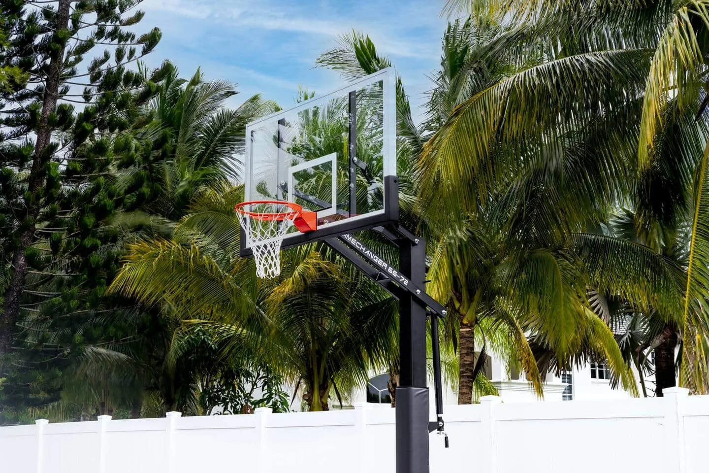 Basketball hoop over the court, palms behind