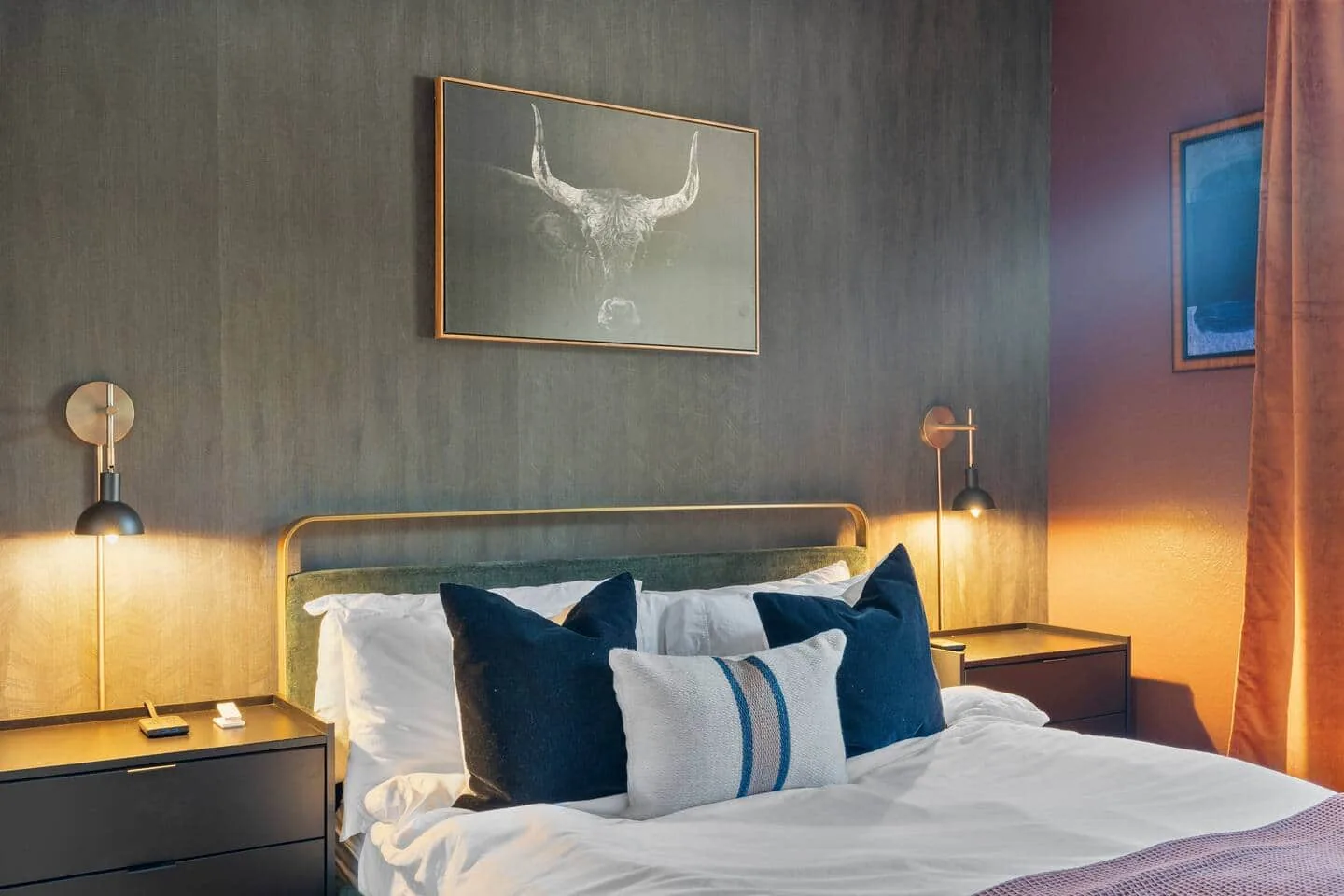 Bedroom 1, bed and nightstand