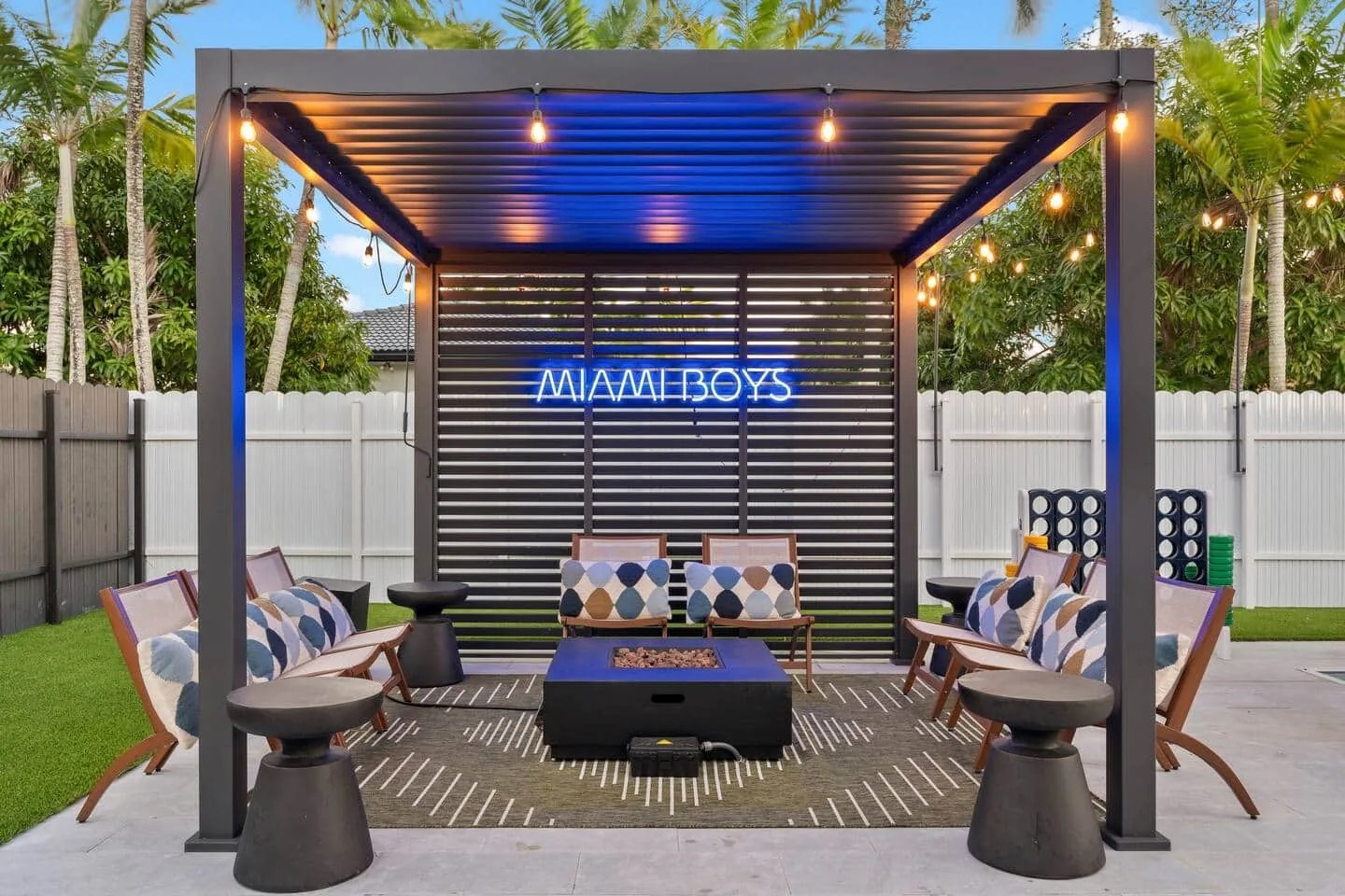 Fire pit seating under the pergola