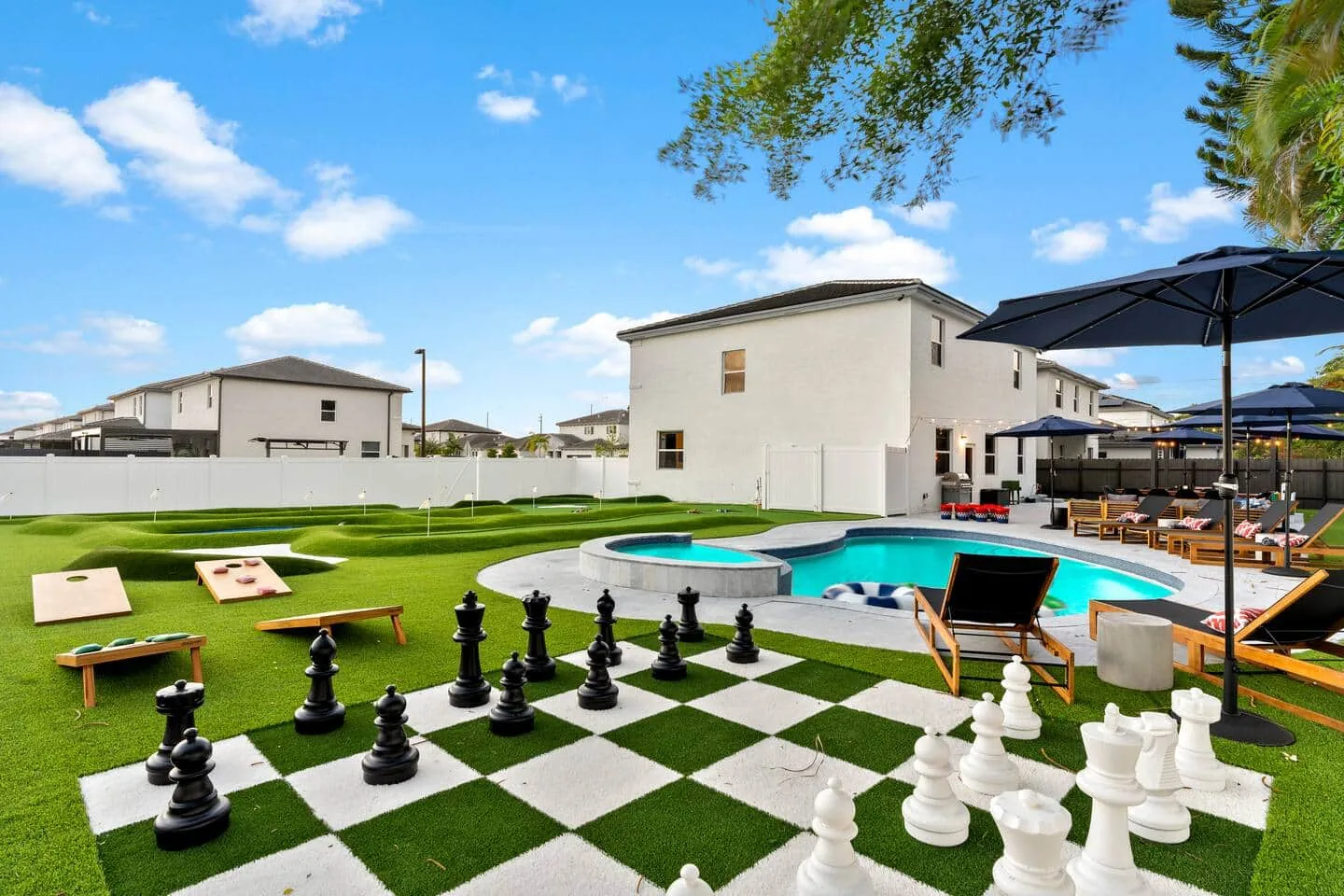 Giant chess board beside the pool