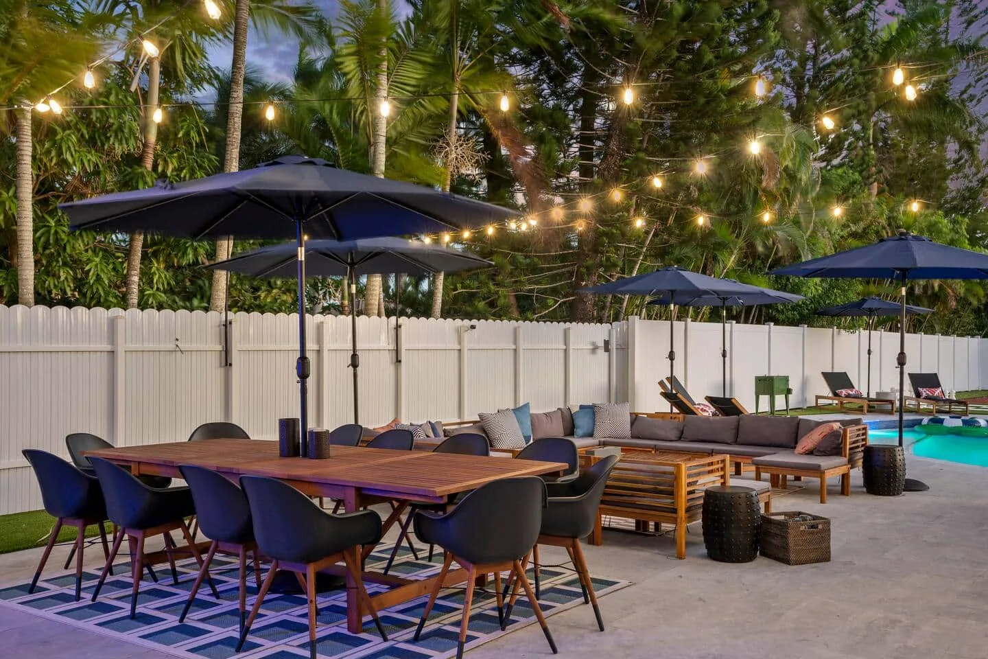 Patio dining table with string lights
