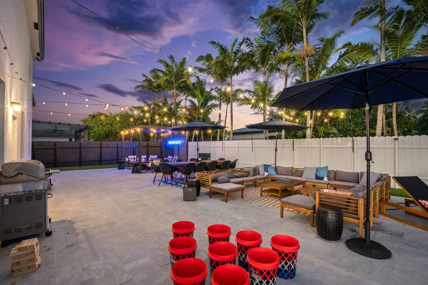 Patio with lounge seating and stools