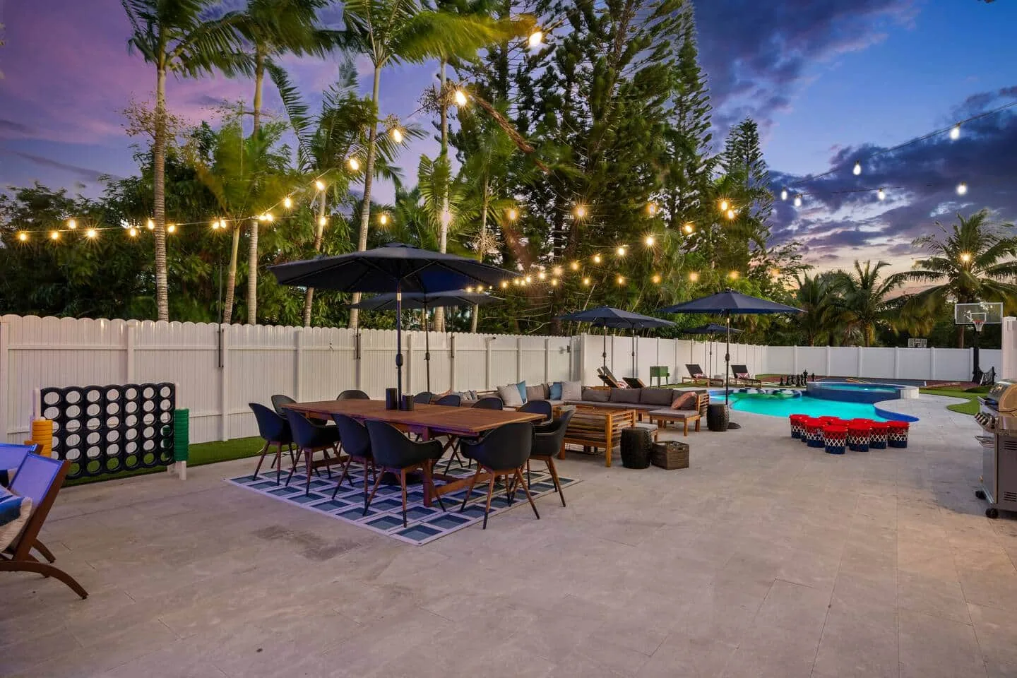 Patio at dusk with the lights on