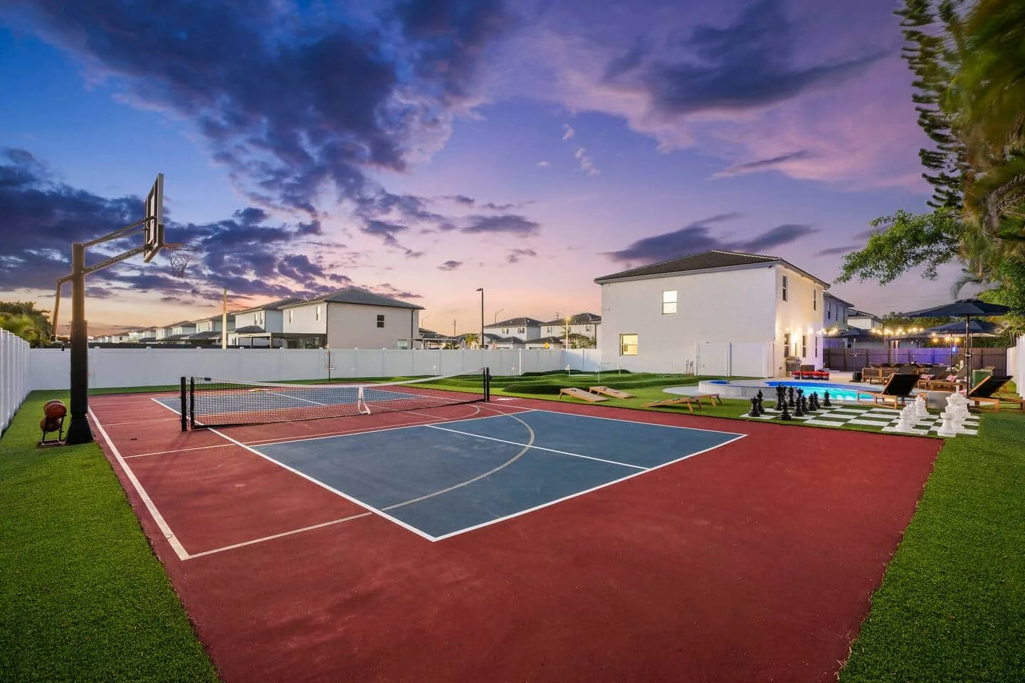Pickleball court at dusk