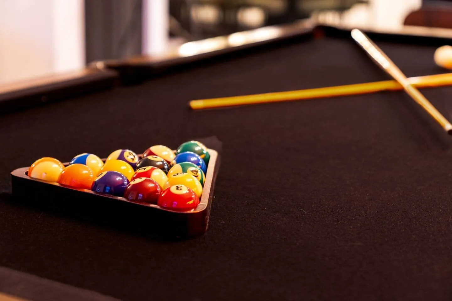 Racked balls on the pool table